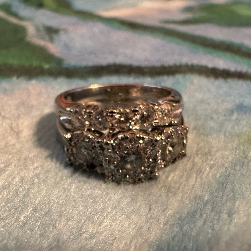 Engagement Ring W/attached Wedding Band 1+ctw white Gold Size 6 Three Flowers